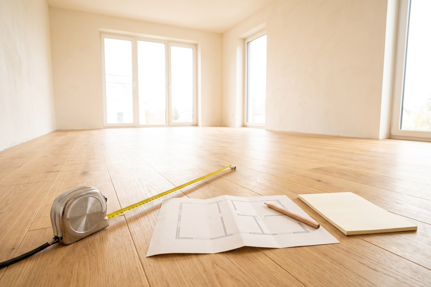 A tape measure extended across a bare floor beside a folded floor plan, a pencil and a notepad