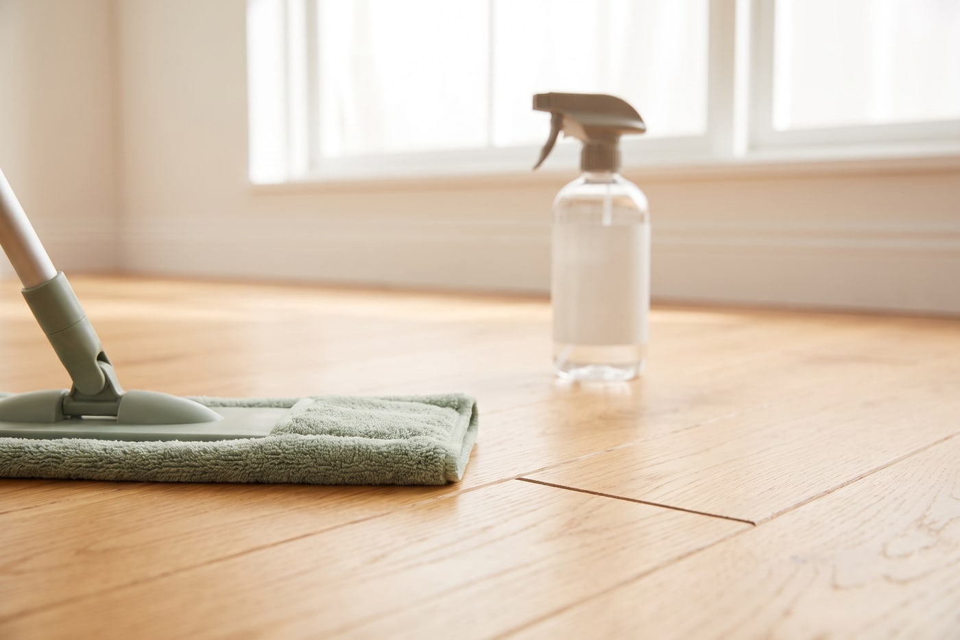 A flat microfibre mop head resting on a clean wide-plank timber-look floor in a sunlit room
