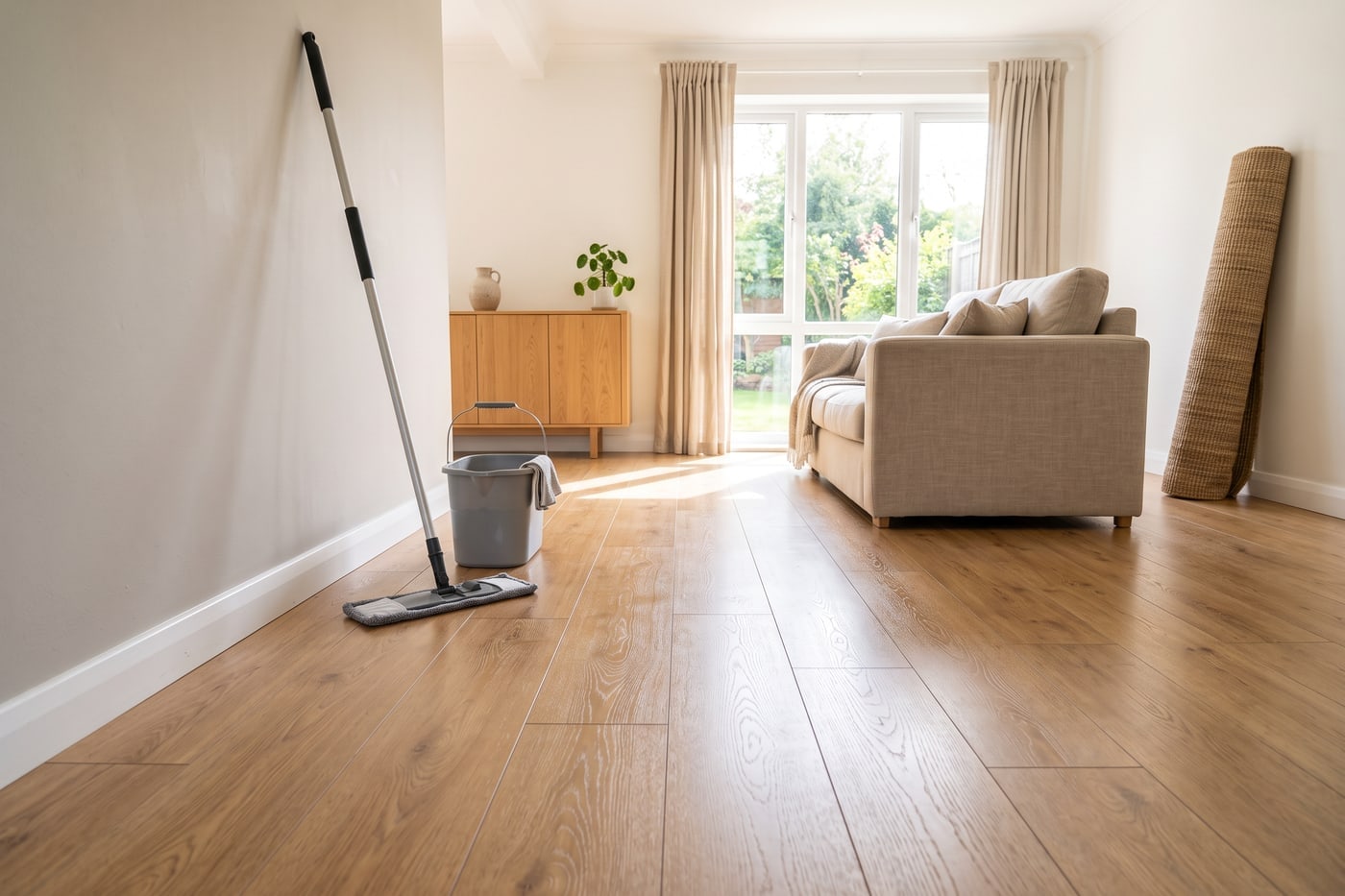 A microfibre mop and bucket beside a freshly cleaned timber-look floor in a sunlit living room