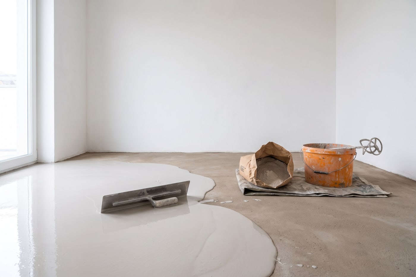 Self-levelling compound spread across a bare concrete slab in an empty room, with a smoothing trowel resting in it