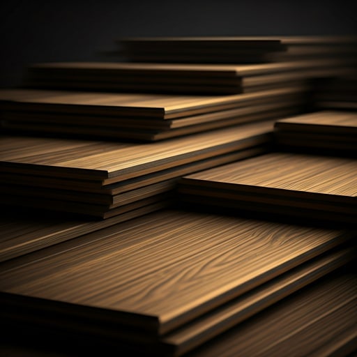 An artistic, architectural close-up of premium wood flooring planks stacked with extreme precision. The lighting is dramatic and warm, highlighting the unique wood grain patterns and the matte finish of the walnut surfaces. The composition focuses on the repetition of lines and the luxury textures, creating a sense of refined industrial craftsmanship. Dark background with warm golden highlights.