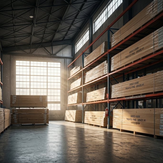 A cinematic, high-contrast photograph of a luxury flooring warehouse with pristine architectural lines. Sunlight streams through high warehouse windows, illuminating perfectly stacked rows of premium oak and walnut flooring. The scene is immaculate and minimalist, emphasizing the scale and organized precision of Square Flooring's direct-to-market infrastructure. Light mode aesthetic with warm wood tones and cool grey concrete.