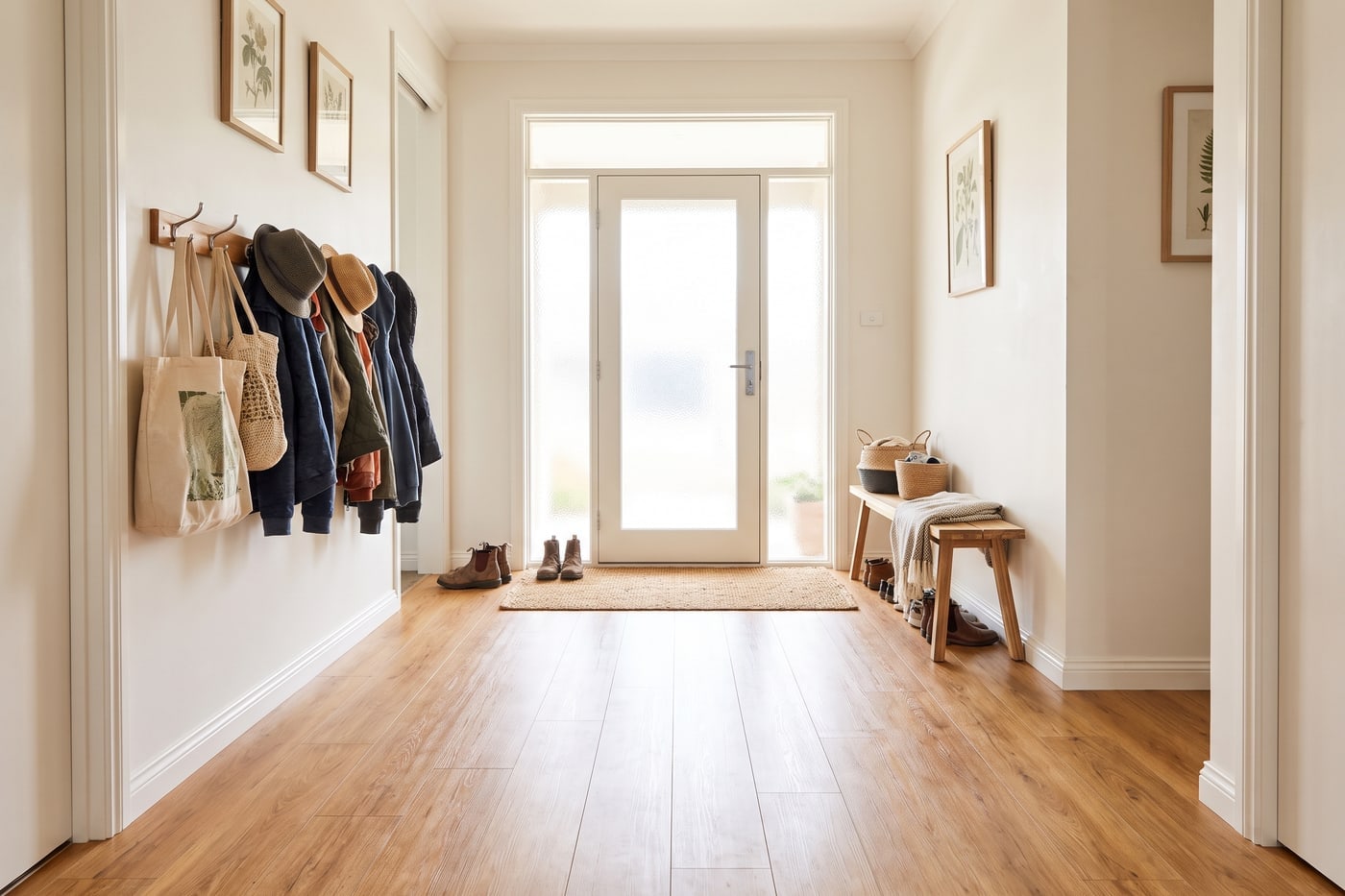 A family entry hall with timber-look flooring, a woven doormat and daylight through a glazed front door
