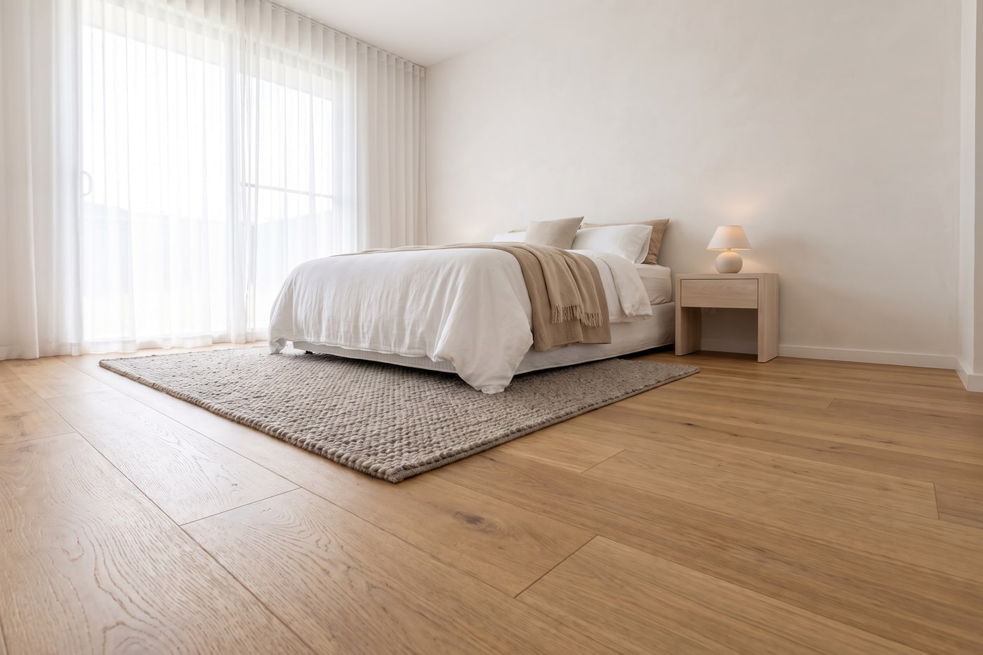 A calm bedroom with wide-plank timber-look flooring, white linen and a soft wool rug