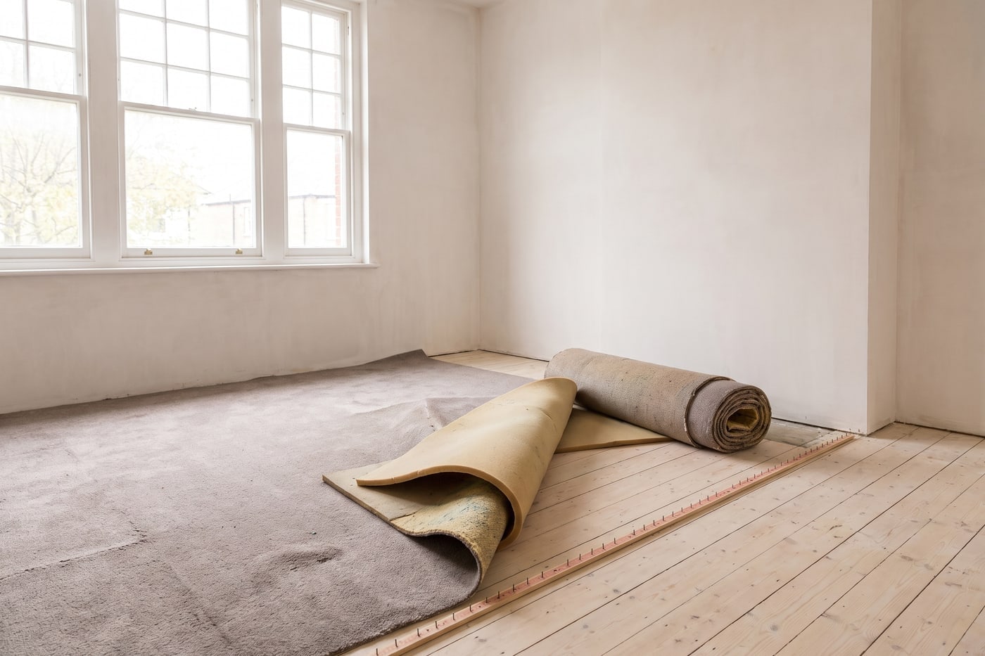 Old carpet cut and rolled back in an empty room to reveal the floorboards and tack strip beneath