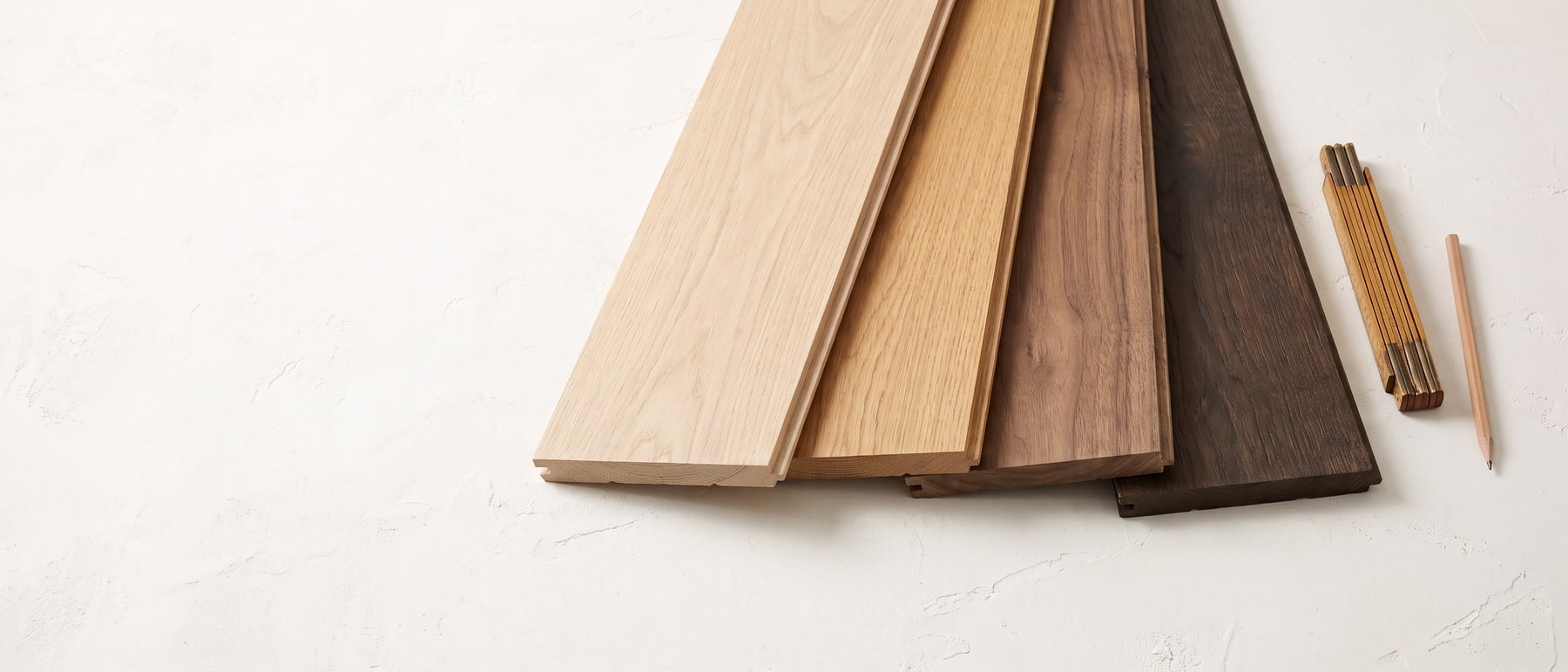 Four flooring plank samples in different timber tones fanned across a pale surface beside a folding rule and pencil