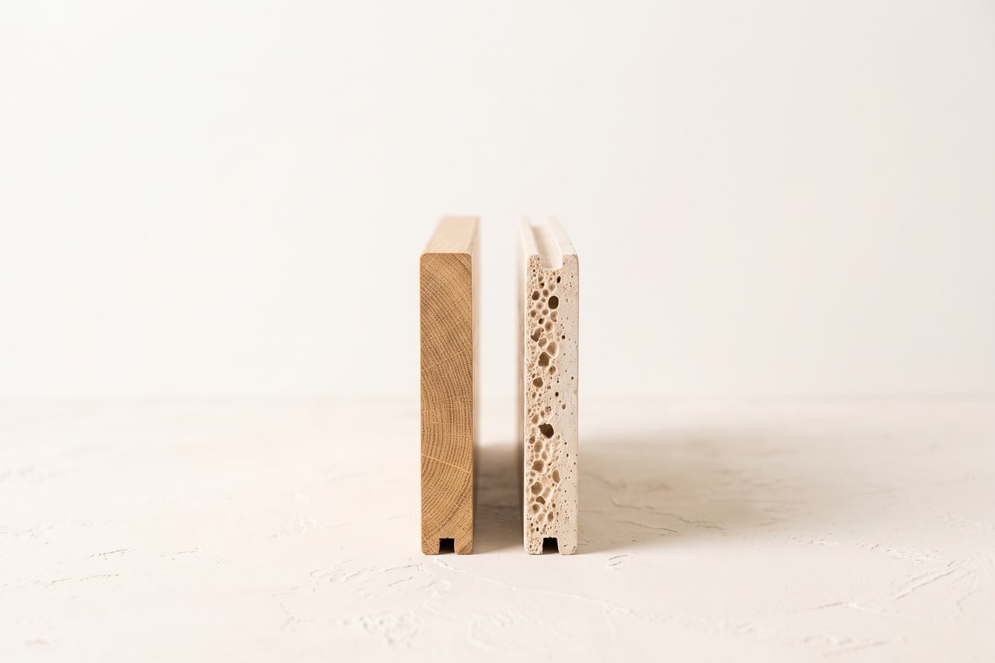 Two flooring plank offcuts standing on end side by side, cut faces toward the camera showing their different core structures