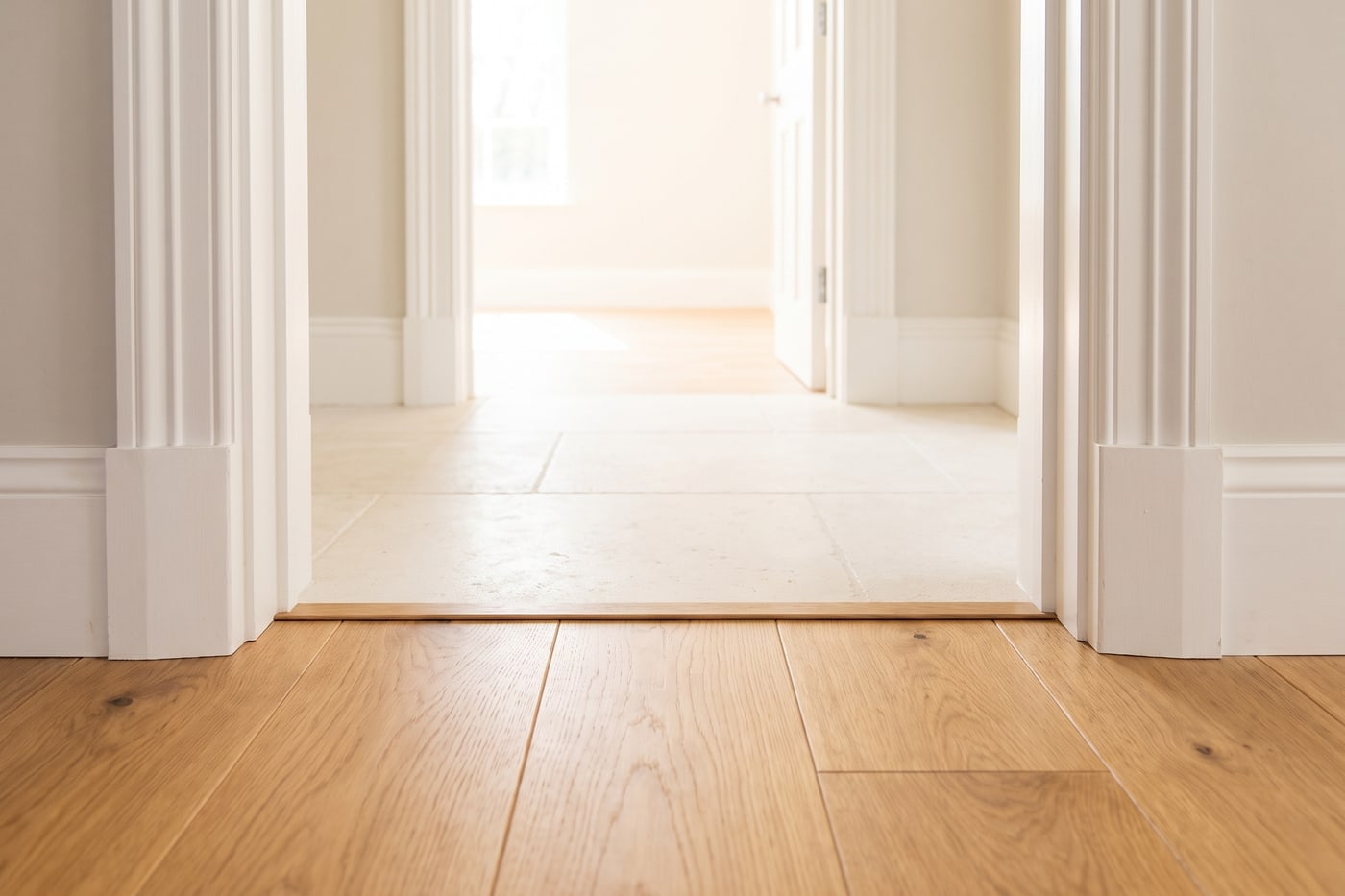 A doorway threshold where timber-look plank flooring meets tile, joined by a slim colour-matched transition strip