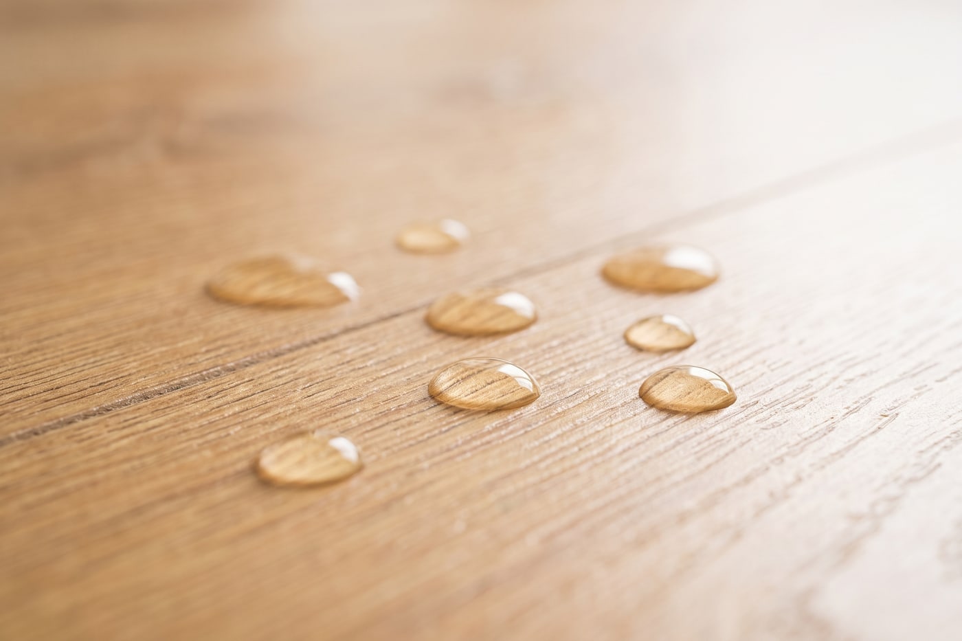 Water droplets beaded on the surface of a timber-look flooring plank, sitting proud without soaking in