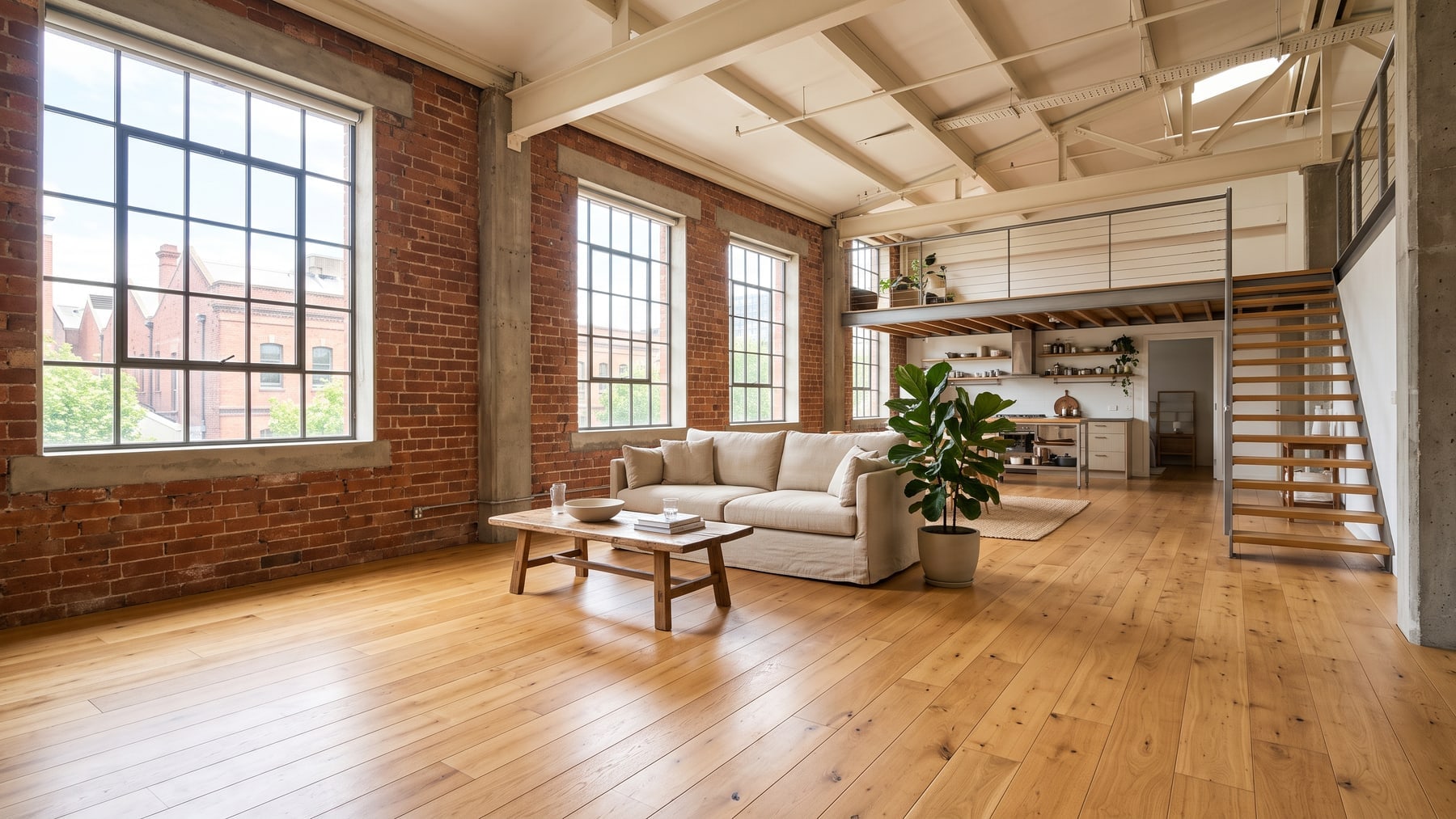 A converted warehouse apartment with exposed brick, tall steel-framed windows and wide-plank timber-look flooring
