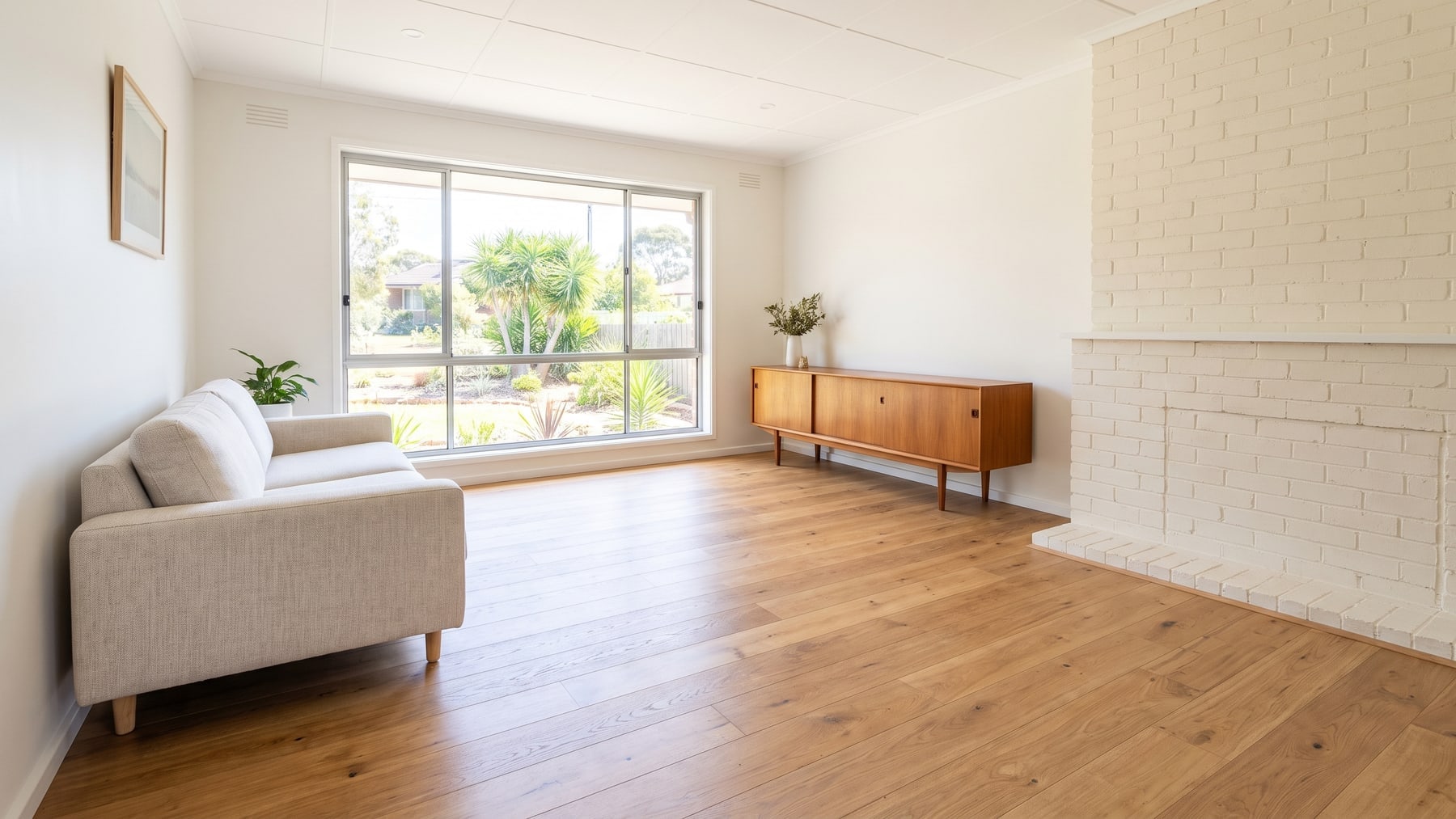 The living room of a renovated mid-century brick-veneer home with wide-plank timber-look flooring and a large front window