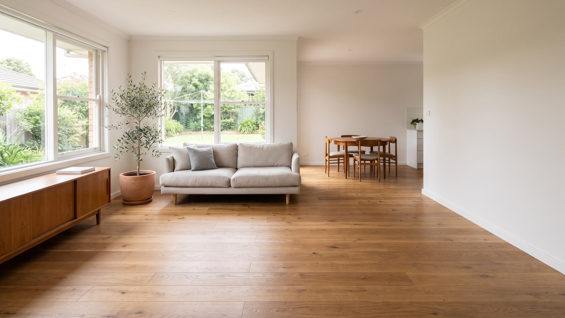 An open-plan living and dining room in a suburban home with wide-plank timber-look flooring and a garden beyond the windows
