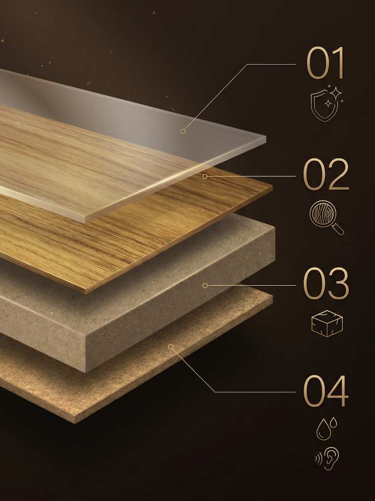 Laminate plank cross-section showing its layered construction