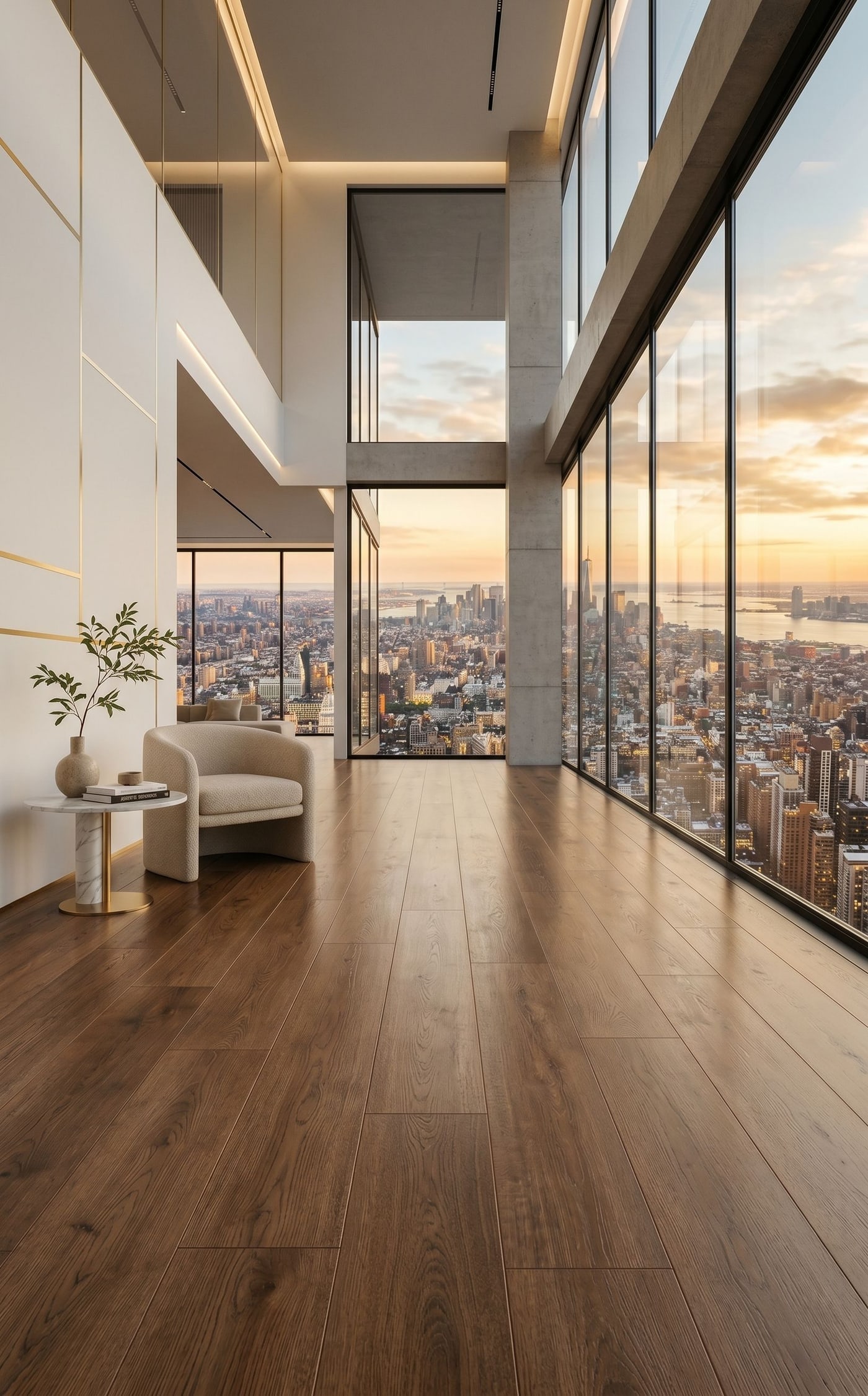 A moody architectural interior with refined timber flooring, composed as an editorial-style backdrop for a bespoke flooring quote request.