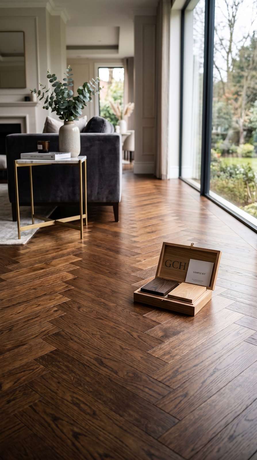 A bright flooring sample display with warm timber tones, used as the backdrop for requesting Square Flooring samples.