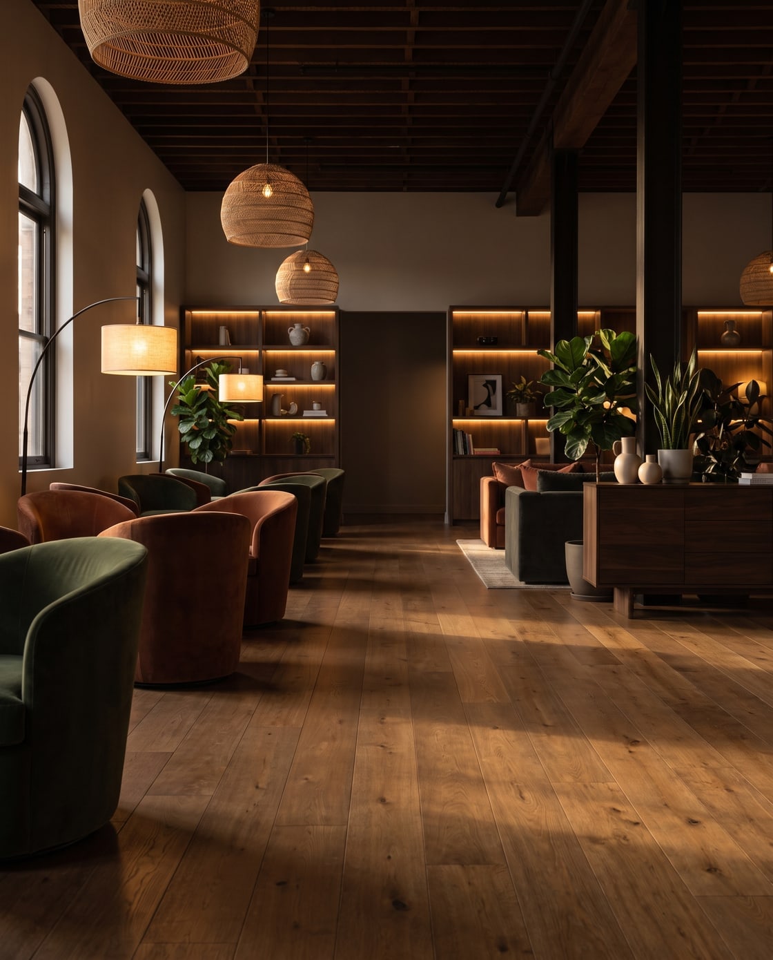 A wide-plank timber-look floor across a large lounge with velvet armchairs, warm pendant lighting and planting.