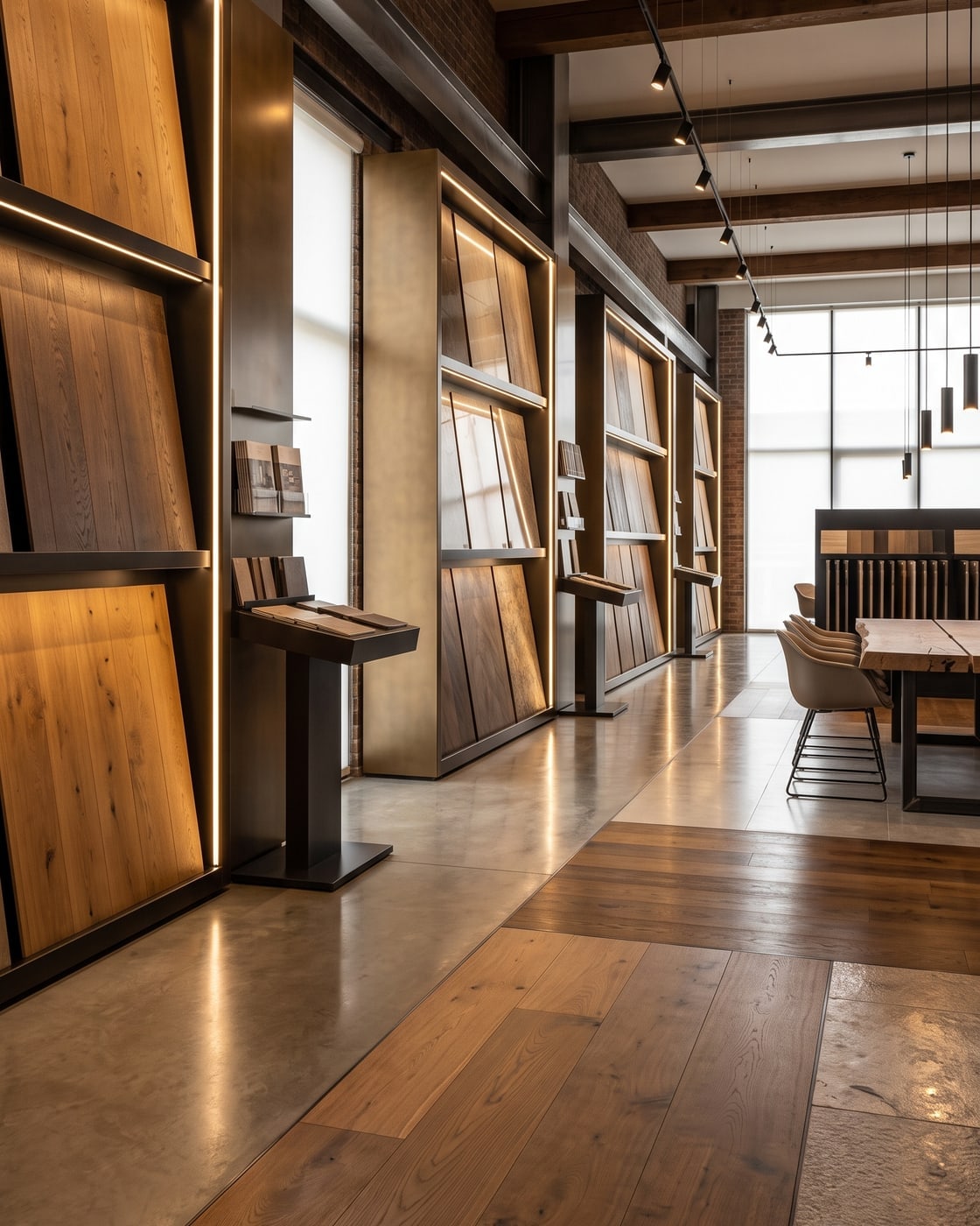 The Square Flooring showroom, with backlit display boards of timber-look flooring and a consultation table