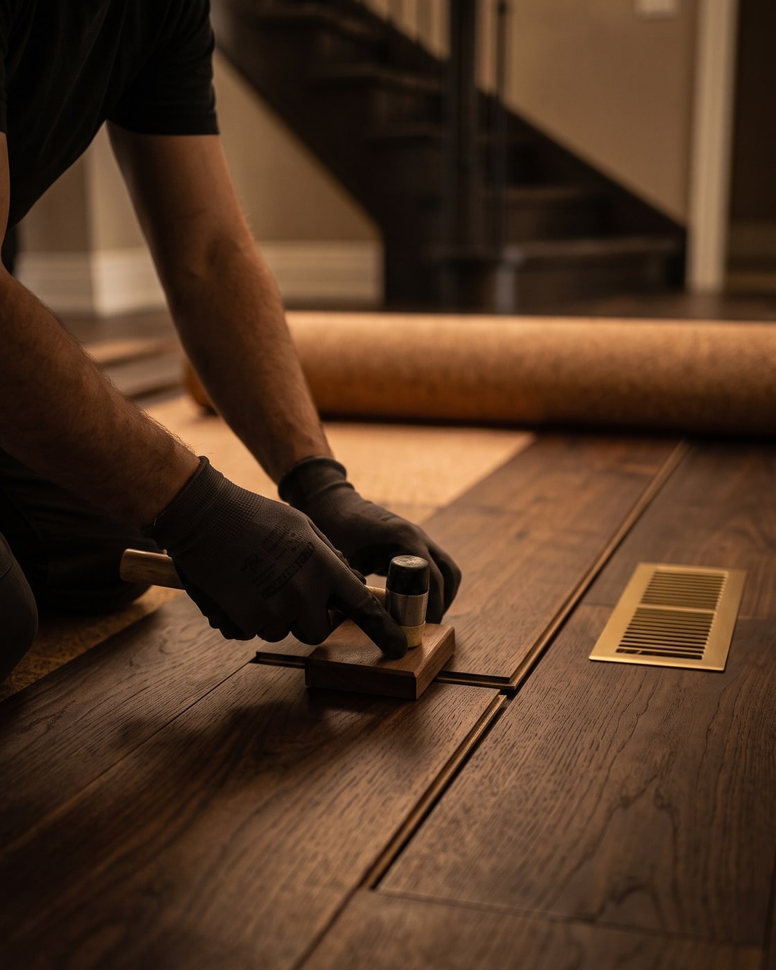 A Square Flooring installer tapping a plank into place with a tapping block and mallet over acoustic underlay