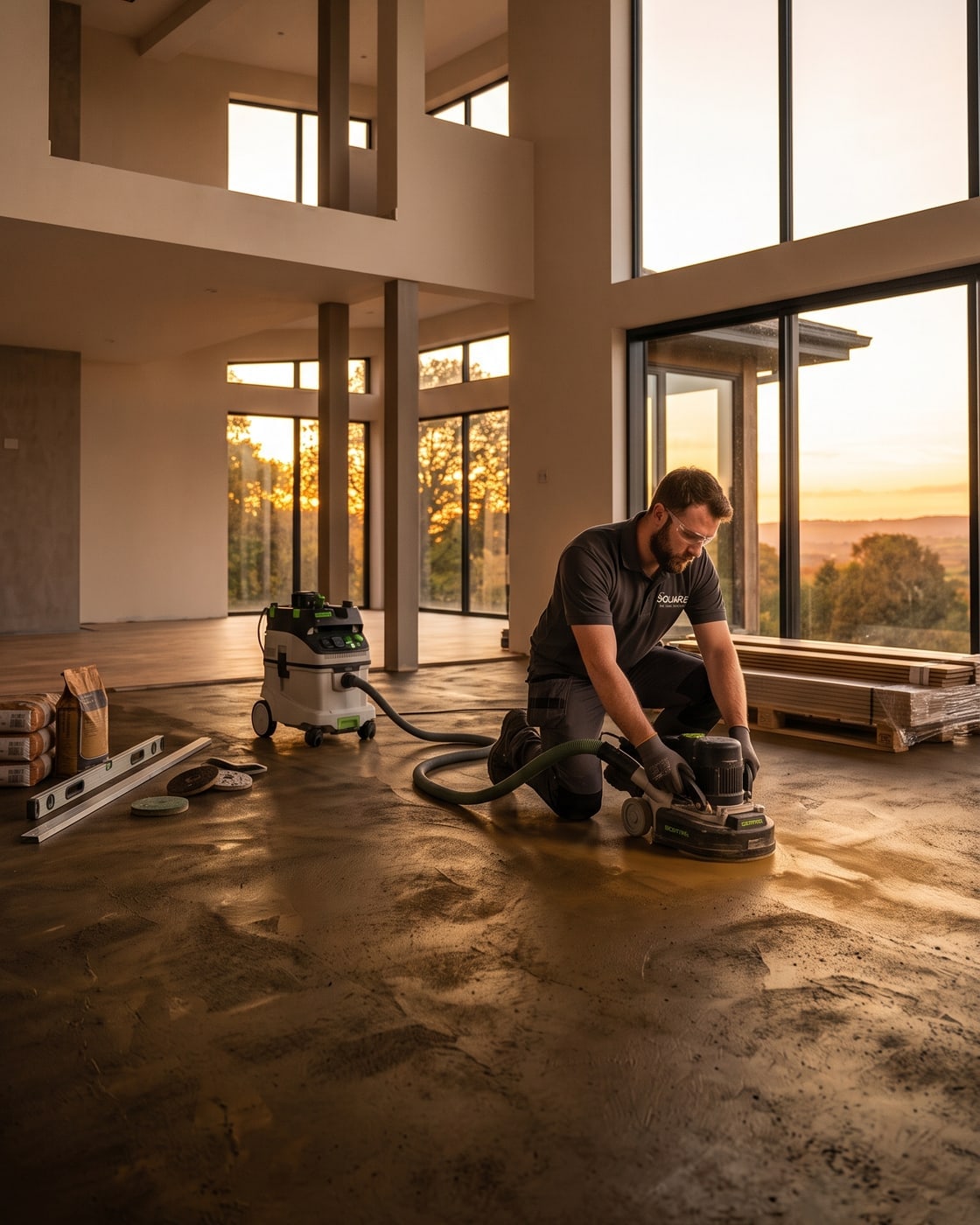A Square Flooring installer grinding a concrete subfloor with a dust-extracted floor grinder, alongside a spirit level and levelling compound