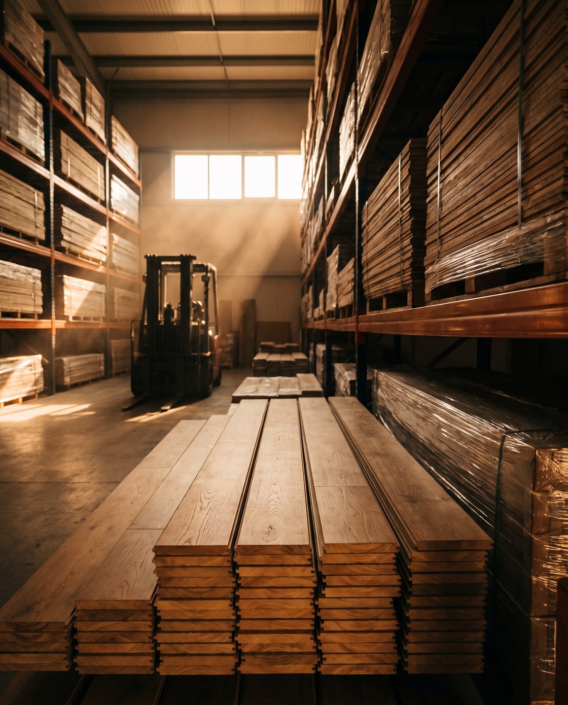 Bundles of flooring planks stacked on warehouse racking, a forklift beyond, low sunlight raking across the aisle.